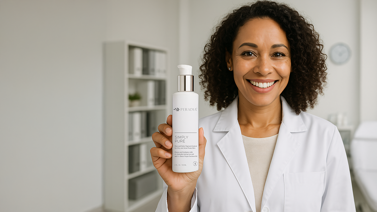 dermatologist holding Simply Pure facial cleanser