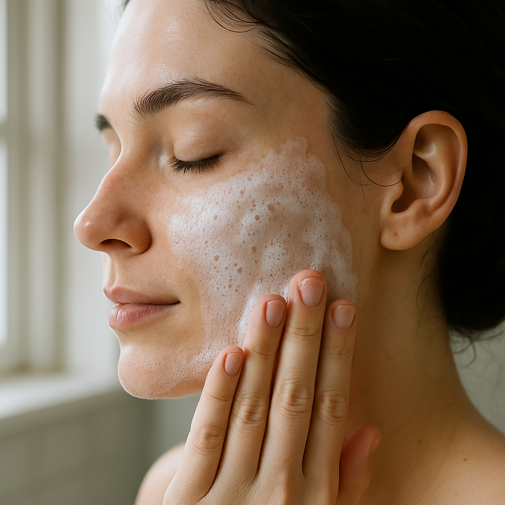 woman using facial cleanser