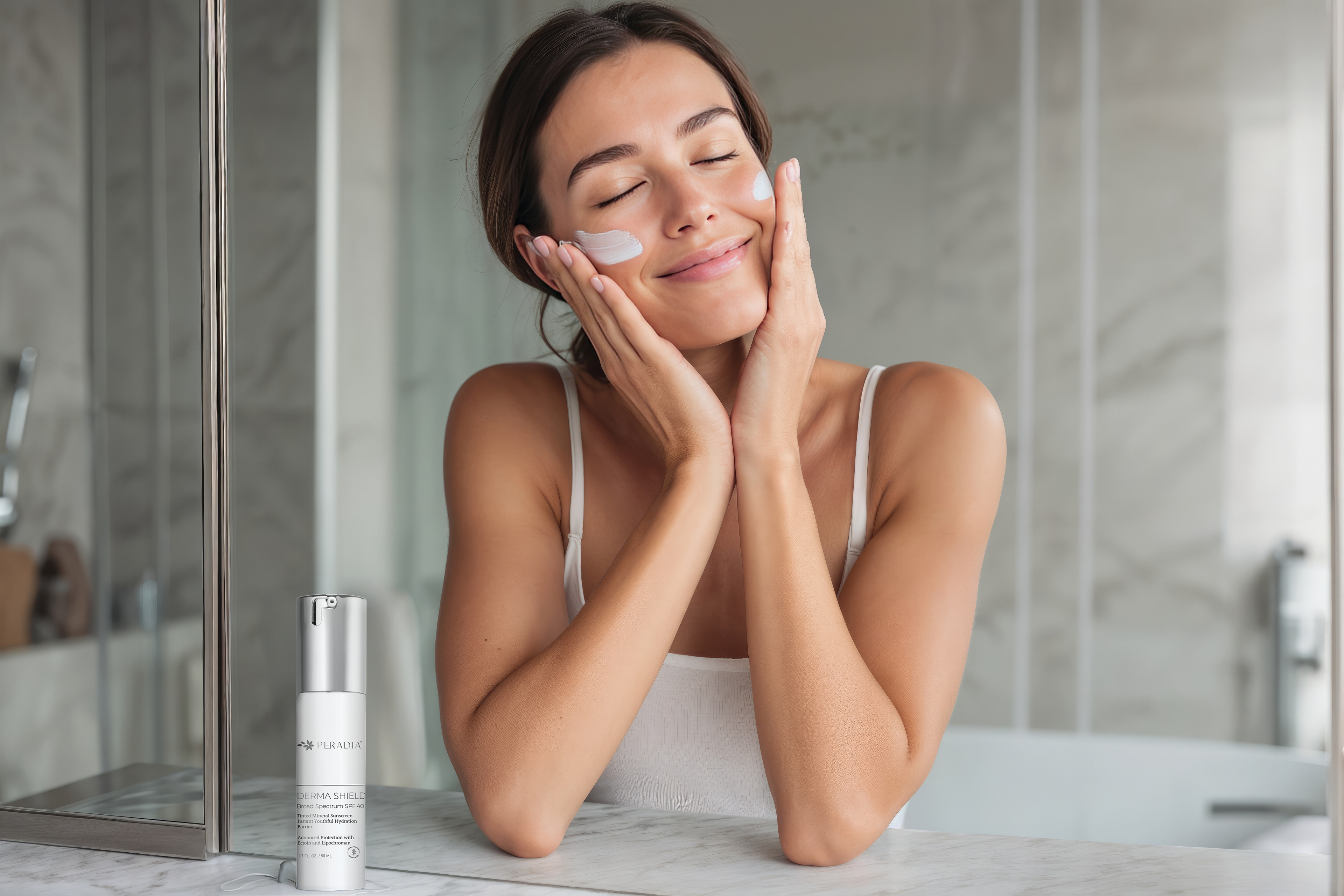 Woman smiling after applying skin cream